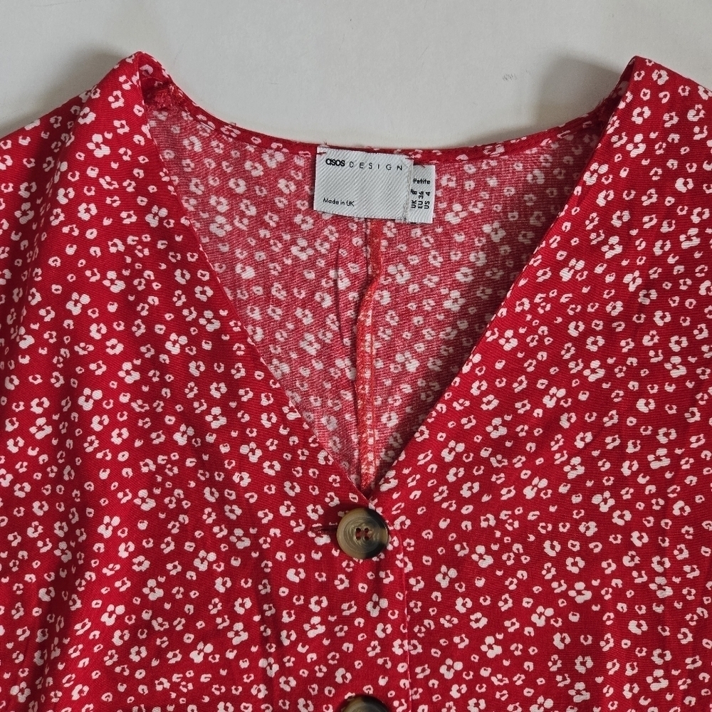 Asos Design red with white floral button down baby doll dress sz US 4 - Picture 3 of 10